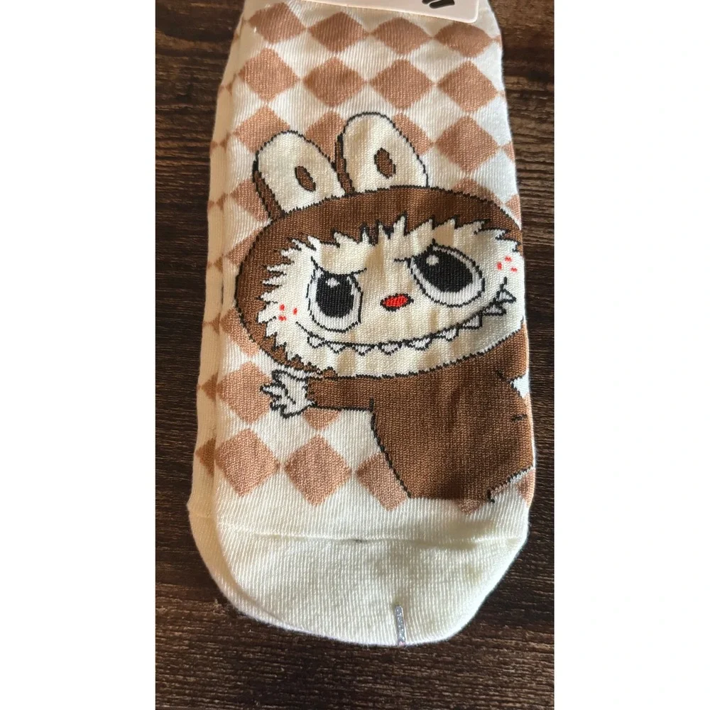 Labubu Character Argyle Ankle Socks Tan Cream Diamond Pattern New